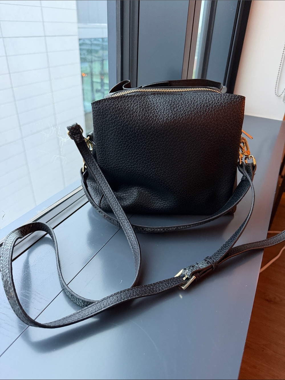 Sondra Roberts Black Pebbled Leather Crossbody Bag